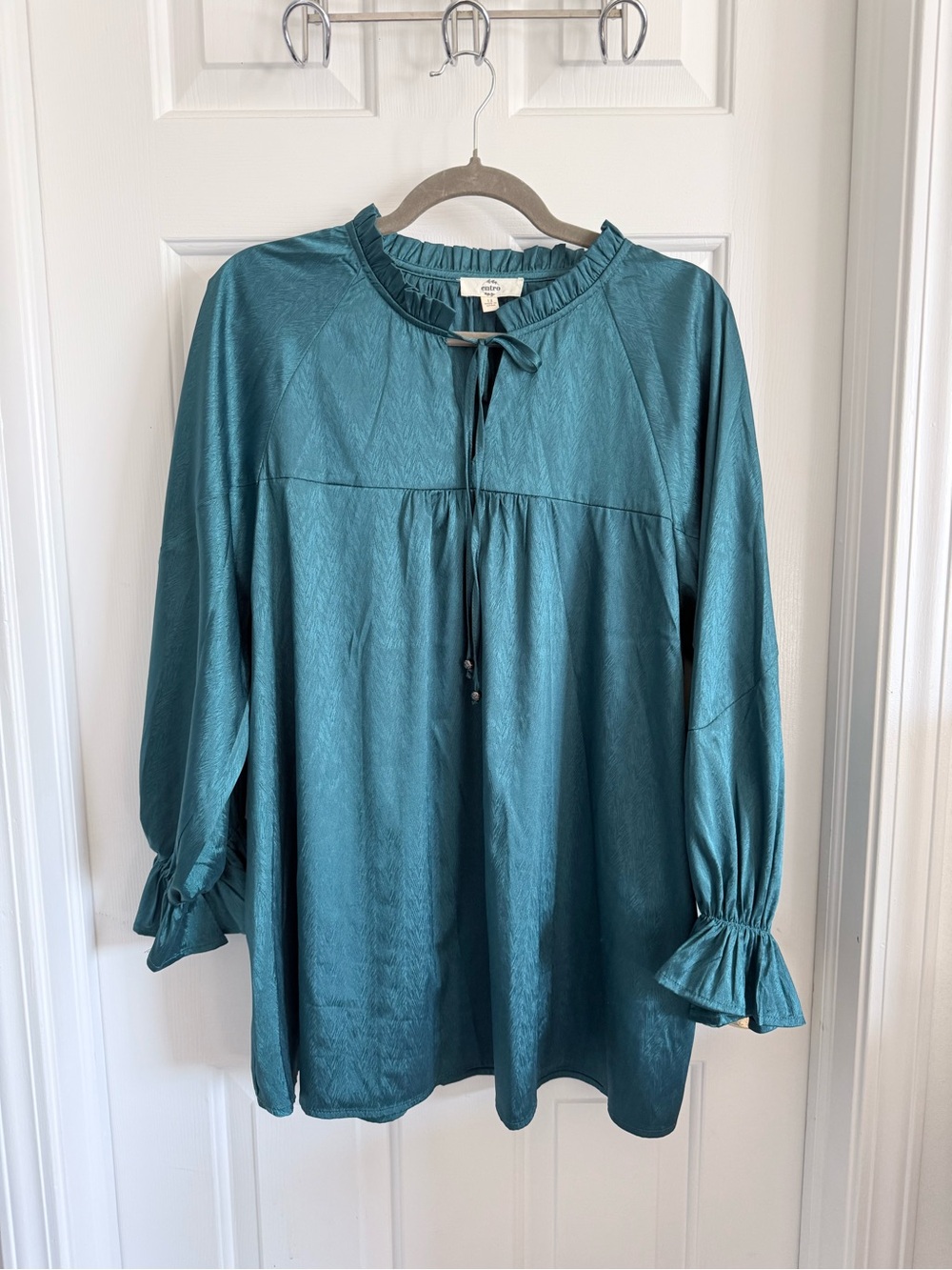 Entro Metallic Teal Ruffled Tie-Neck Blouse - Women puff sleeve Flowy Formal